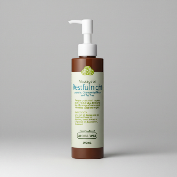 Massage oil bottle labeled 'Restful night' on a white background